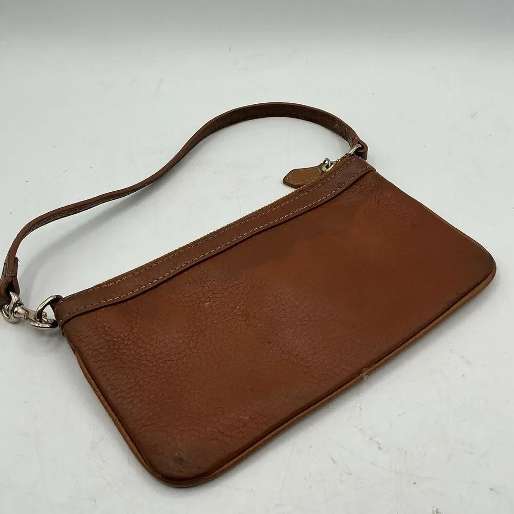 Dooney & Bourke Brown Leather Wristlet Clutch Logo Zip Top Small Purse